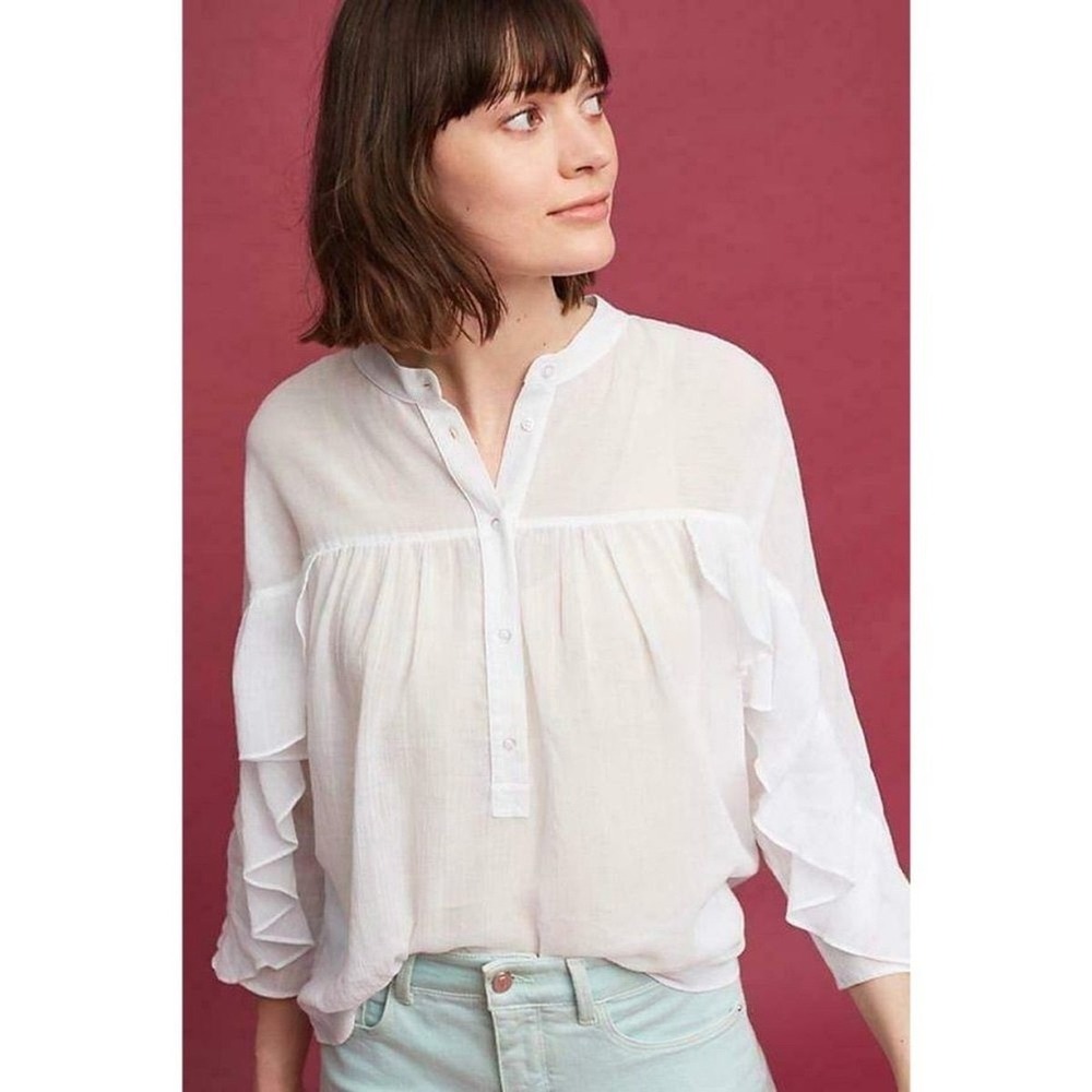 Maeve Anthropologie‎ White Ruffled Cotton Henley Blouse Top Small